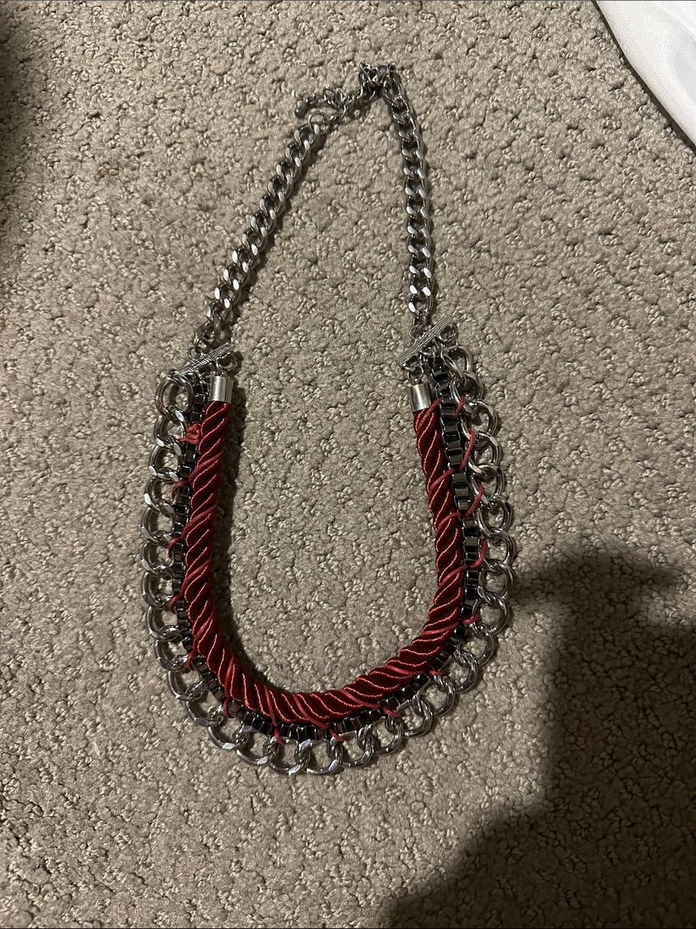 Red Rope & Silver Chain Statement Necklace - Women Jewelry